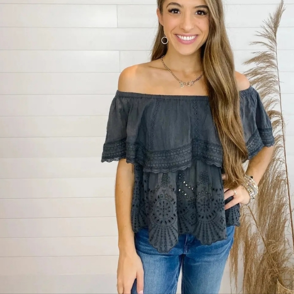 Mac and Me Off Shoulder Eyelet Top